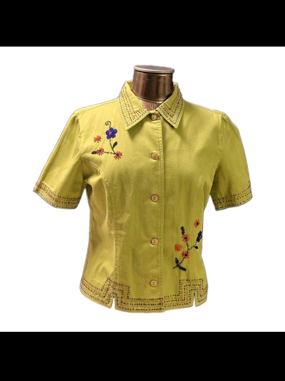 Cottagecore Lime Green Beaded Blouse Boho Floral Top